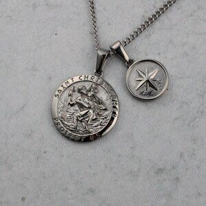 Silver Saint Christopher & North Star Pendant Necklace Set Stainless Steel